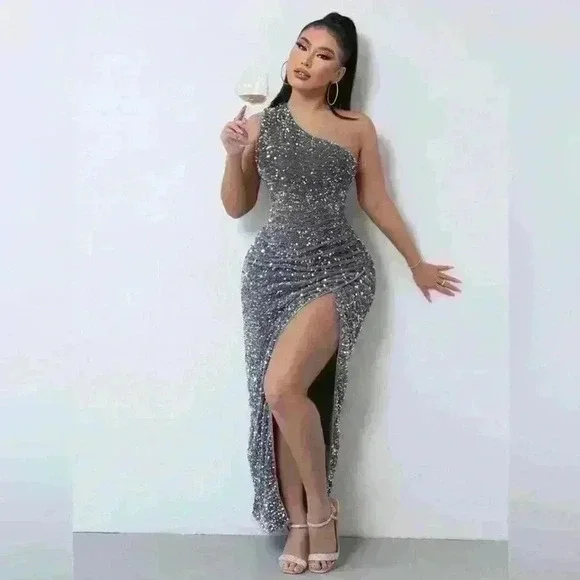 One Shoulder Sequin Sparkle High Slit Wrap Formal Evening Dress Silver S - Picture 12 of 12